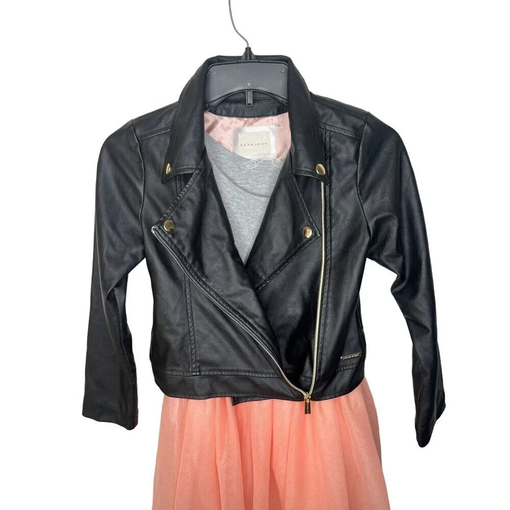 Sean John Girls Faux Leather Jacket & Tulle Dress Set Size M Peach Color